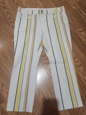 Anthropologie White Stripe Trousers with Yellow, Green & Mauve Accents